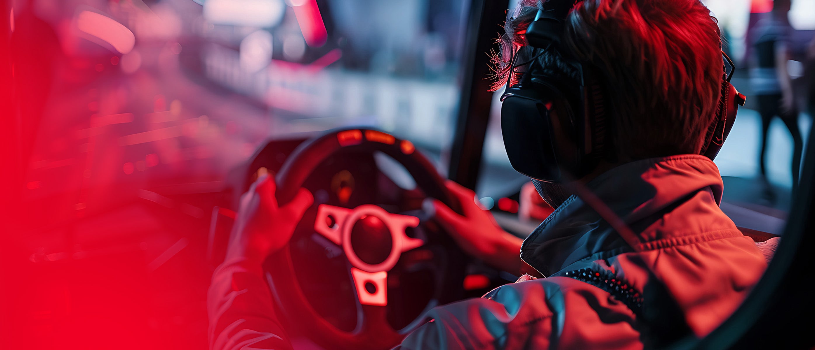 Person driving a racing simulator